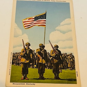 Antieke ansichtkaart Ephemera papier verzamelbare postkaart souvenir verdeeld terug vintage Morganfield Kentucky KY Army Signal Corps vlag Austin