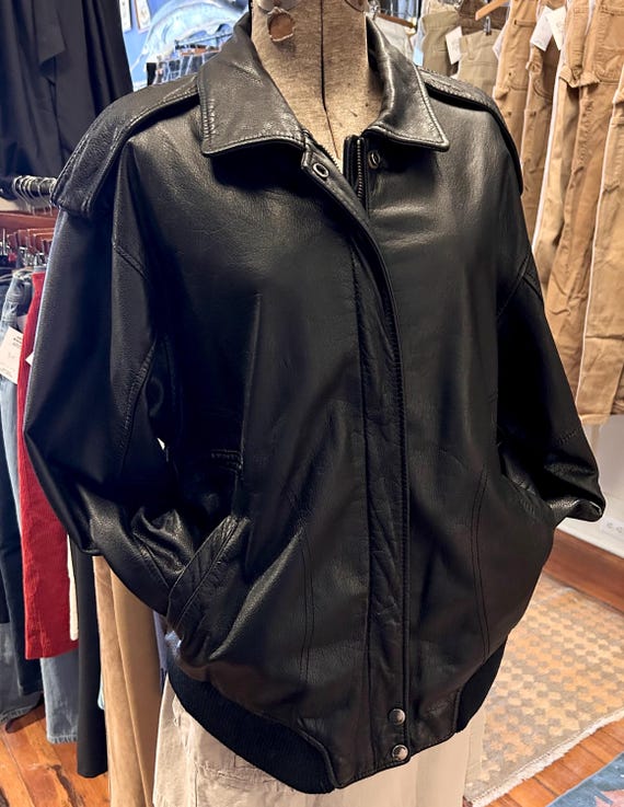 Vintage The Flight Club, Leather Bomber Jacket, Black Aviator View 5