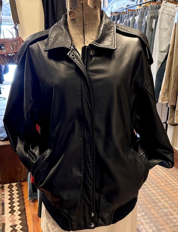 Vintage The Flight Club, Leather Bomber Jacket, Black Aviator View 3