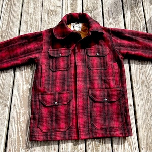 Vintage 1960’s Woolrich Mackinaw Wool 503 Coat Jacket Black and Red Plaid