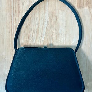 Vintage Classic Black Satin Purse with Stainless Steel Hardware, Excellent Condition