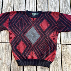 Vintage Campus Brand Acrylic Sweater with Black Leather Detail on Front 1980’s