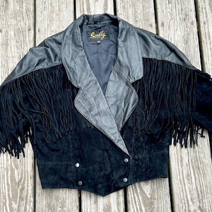 Scully Black Leather Cropped Western Style  Jacket with Fringe on Front and Back