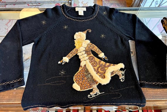 Vintage 90s Ice Skating Santa Christmas Holiday Sweater by Susan Bristol