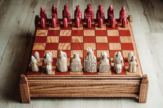 Isle of Lewis Chess Board with or without Case and Handmade Chessmen  {ALSO AVALABLE SOON @} Primary color: Walnut Oak