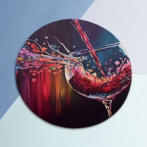 May include: A colorful abstract painting of a wine glass with red wine being poured into it. The wine is splashing and creating a vibrant, abstract design.