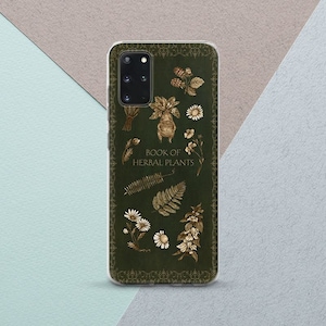 May include: A green phone case with a vintage book cover design featuring illustrations of various plants and the text "Book of Herbal Plants".