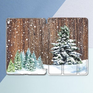 Wood print iPad case Nature Watercolor Christmas Trees Winter Snow Cute iPad 11 2025 Air 13 Pro 13 12 9 Mini 7 Air 11 Fir tree Brown case