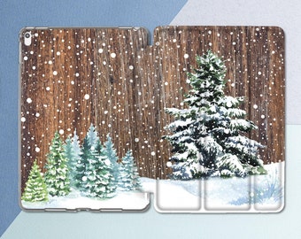 Wood iPad case Nature Watercolor Christmas Trees iPad 9.7 2018 6th 5th gen Winter Snow Cute iPad Pro 10.5 Pro 12.9 iPad Mini 4 Air 2 Smart