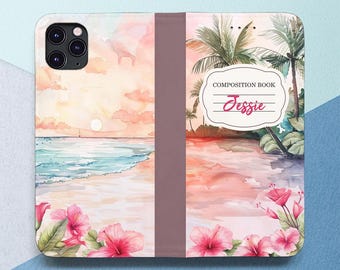 Tropical nature iPhone custom name Personalized wallet case Watercolor print Sunset Ocean Water Palm tree Flip Case iPhone 15 14 13 12 11