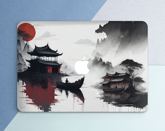 Macbook case Japanese art Nature art Macbook case white Inspirational Mountains Tree Ship Red sun watercolor Air 15 air 13 Pro 14 Pro 16 M5