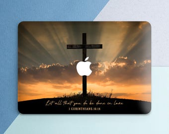 Macbook case religious Inspirational Christian Hard case Sunset Cross Faith Orange Blue clouds Quote Saying Sky Air 13 15 Pro 16 14 13 Neo
