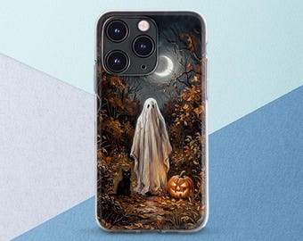 iPhone case ghost Halloween design Phone case Autumn Fall Nature Creepy pumpkin Night Orange leaves iPhone 17 16 15 14 13 Google Pixel 9 8