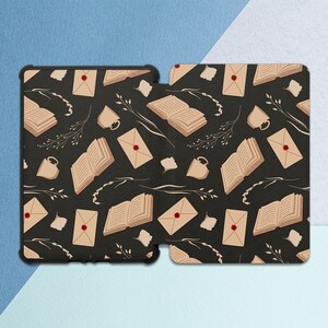 May include: A black and white patterned phone case with a repeating design of books, envelopes, and teapots. The background is a dark grey colour.