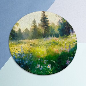 May include: A watercolour painting depicting a forest clearing with tall trees and a field of wildflowers in shades of blue, purple, yellow, and green.
