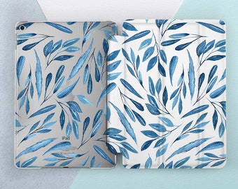 Blue leaves iPad case floral Watercolor Clear case Aesthetic Botanical Simple Minimalist Cute cover Tablet Pro 13 Air 13 11th Mini 7 10 2