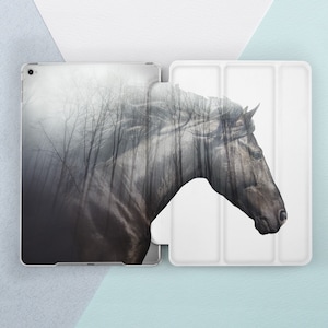 May include: A gray horse with a forest scene overlayed on its body. The horse is facing to the right and its head is turned slightly to the left. The background is white.