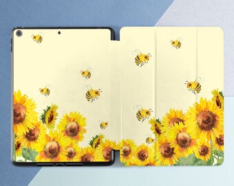 iPad case bees Light yellow case iPad case bumblebee Yellow flowers art iPad case sunflowers iPad flip stand iPad Pro case iPad 10 2 case