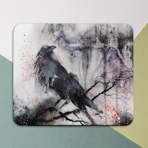Black raven art Mousepad bird Mousepad gothic Mousepad tree Mousepad crow Watercolor art pad Halloween decoration Mousepad gray Gift for him