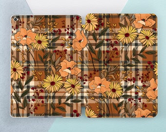iPad sleeve Orange checkered Summer flowers iPad case floral Geometric Yellow flowers print iPad cover Air 13 11 Pro 13 M4 2026 iPad A16 A17