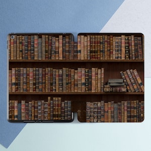 May include: A brown wooden bookshelf filled with rows of antique books with leather bindings. The books are arranged in a symmetrical pattern, creating a visually appealing and classic aesthetic.