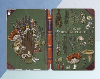 iPad case vintage Herbal plants book print Black woman Witch Magic Botanical iPad smart cover Fly agaric Mushroom Air 13 11 10 9 A16 Mini 7
