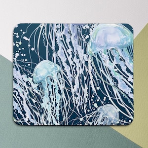 Mousepad dark blue Ocean Watercolor jelly fish Mousepad sea Mousepads Coworker gift Summer Round mouse pad Desk Accessories Coworker gift