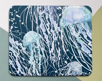 Mousepad dark blue Ocean Watercolor jelly fish Mousepad sea Mousepads Coworker gift Summer Round mouse pad Desk Accessories Coworker gift