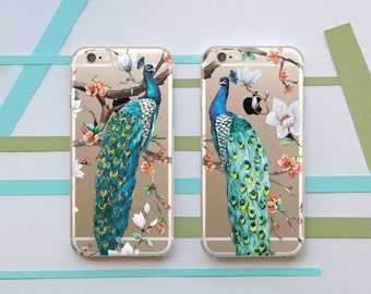 Peacock art case Phone case birds Matching cases Double Couple covers Pink flowers case Floral Botanical Girly Elegant case His and hers