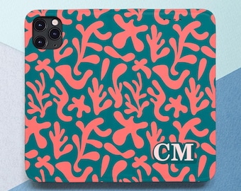 iPhone case wallet Abstract Case with card holder With Card Slot Custom name  Personalized Modern art Teal Corral iPhone 15 14 Pro 13 12 11