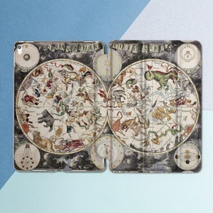 May include: A vintage illustration of the constellations on a black background. The constellations are depicted in a circular pattern with the names of the constellations written in Latin. The illustration is surrounded by a border with the words "Planisphaerium Coeleste" written in a decorative font.