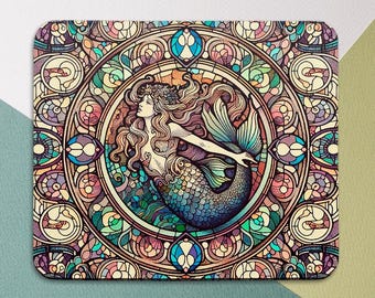 Aesthetic mermaid Art nouveau style Mouse pad Mouse mat Ocean Ornamental Round mouse pad Square mouse pad Fish Scale Sea Water Glass print