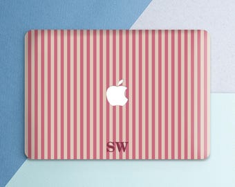 Custom initials print Macbook case pink Beige stripes Personalized case Girly Trendy Geometric Simple print case Air 13 Air 15 Pro 14 Pro 16