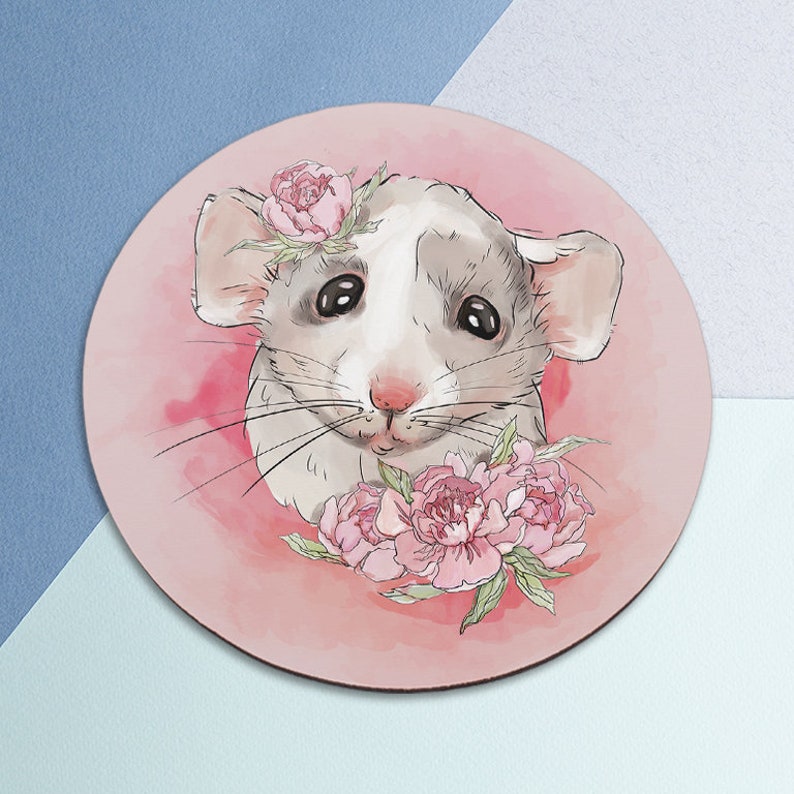 May include: A cute cartoon illustration of a white and gray mouse with pink flowers on a pink background.