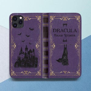 Vampire iPhone wallet caseVintage book style Purple Bat Dracula Castle Case with card holder With Card Slot Flip case iPhone 15 14 13 12 11