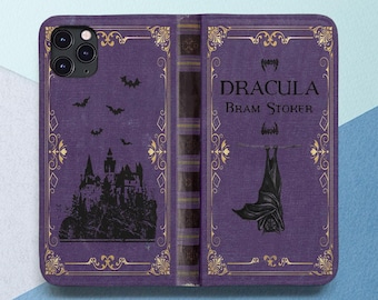Vampire iPhone wallet caseVintage book style Purple Bat Dracula Castle Case with card holder With Card Slot Flip case iPhone 15 14 13 12 11