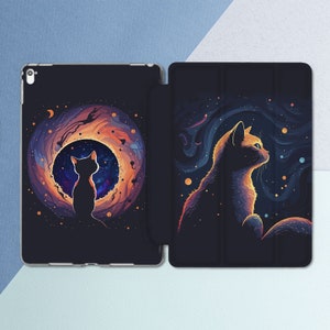 Cute kitten case iPad smart case iPad case space iPad case cat Animal Moon iPad flip stand iPad smart case Inspirational night print case
