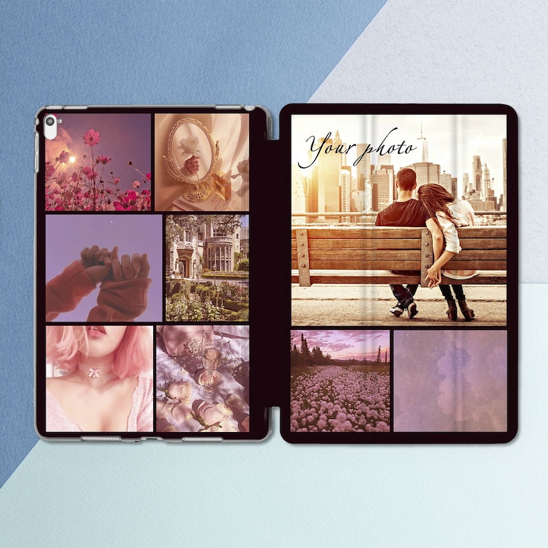 Puede incluir: Una funda de tel&eacute;fono con un collage de nueve im&aacute;genes. Las im&aacute;genes incluyen una pareja sentada en un banco frente a un horizonte urbano, un ramo de flores rosas, un edificio con un jard&iacute;n, una copa de vino, un par de manos que se sostienen y una mujer con el pelo rosa.