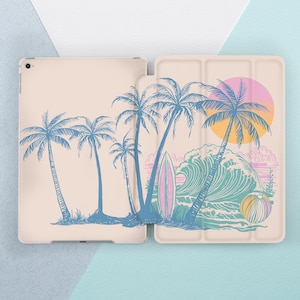 May include: A light beige tablet case with a beach-themed design. The design features blue palm trees, a pink surfboard, a large ocean wave, a yellow and pink beach ball, and a setting sun. The case is designed to protect the tablet.