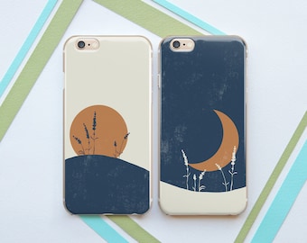 Phone case couple His and her  Moon and sun  Matching phone cases Aesthetic Elegant art Nature Boho case iPhone case couple Case for Samsung