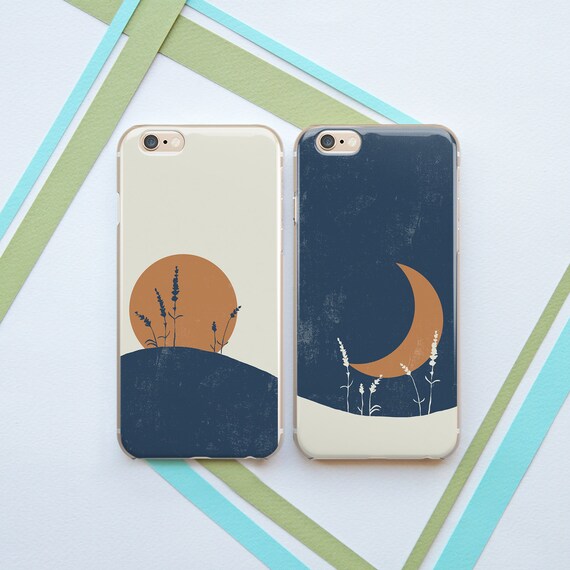 Phone case couple His and her Moon and sun Matching phone cases Aesthetic Elegant art Nature Boho case iPhone case couple Case for Samsung