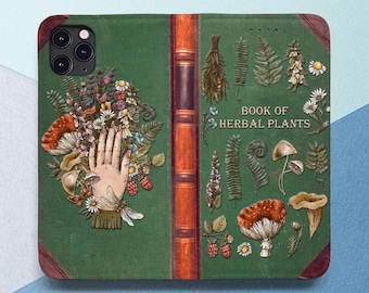iPhone wallet case Book of herbal plants Vintage book style witchy Case with card holder With Card Slot iPhone flip case iPhone 15 14 13 12
