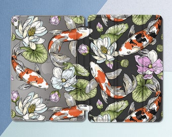 Koi fish iPad Japanese fish Aesthetic white black case iPad case water lilies Floral Botanical Inspiration Air 13 Pro 13 11th gen A16 Mini 7