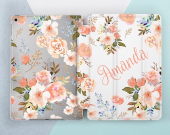 Floral iPad case Peach flowers Spring summer Botanical Custom name iPad case personalized Roses Wild flower Mini 7 Air 13 Pro 13 12 9 11