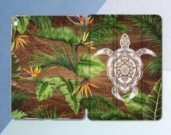 Wood iPad case Tropical Boho Turtle Animal iPad 9.7 2018 6th 5th gen Wood Leaves Ornament Floral iPad Pro 10.5 Pro 12.9 Mini 4 Air 2 Smart