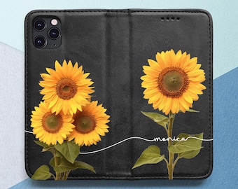 Flip Phone Case Yellow sunflower Wilth card holder Personalized Floral Botanical Summer Black Custom name iPhone 15 Pro Max 14 13 12 Pro 11