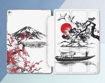 iPad case Japanese Red sun art iPad smart case iPad case bird Nature art case Sakura art case Mountains Floral Aesthetic Botanical Boat art