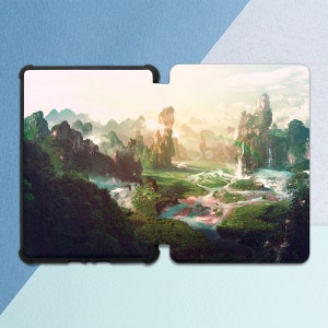 Kindle case fantasy Kindle case nature Inspirational art case Mountains trees Green firld Flowers Kindle cover paperwhite Kindle oasis case