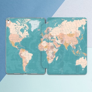 World map print iPad case blue Beige Vintage art case iPad case travel iPad case man iPad flip stand iPad case water iPad smart case Gift