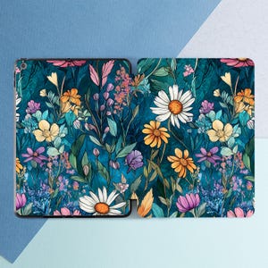 May include: A teal blue background with a floral pattern. The pattern features a variety of flowers in shades of pink, yellow, orange, and white. The flowers are drawn in a whimsical style and appear to be blooming in a field.